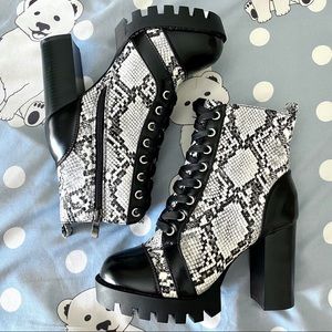 White Snakeskin Pattern Ankle Block Heel Boots